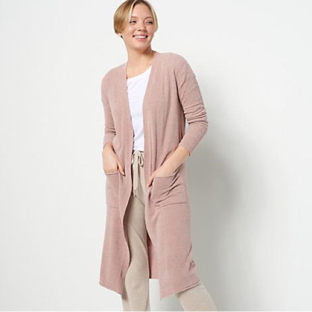 Barefoot dreams cozy chic ultra lite open stitch long cardi, pink clay, small